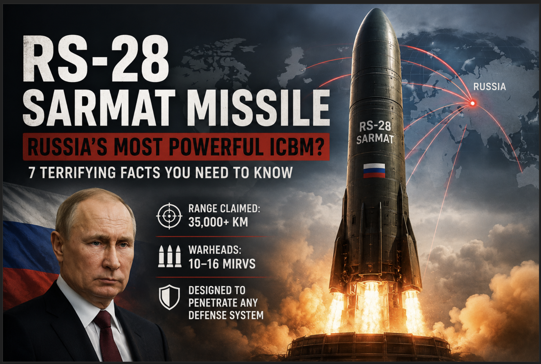 RS-28 Sarmat missile launch showing Russia's Satan II nuclear ICBM