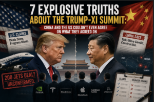 Donald Trump and Xi Jinping facing each other against split US and Chinese flags, with Boeing aircraft, corporate CEOs, and headlines highlighting conflicting claims from the 2026 Trump-Xi summit.