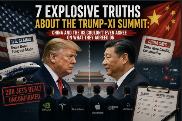 Donald Trump and Xi Jinping facing each other against split US and Chinese flags, with Boeing aircraft, corporate CEOs, and headlines highlighting conflicting claims from the 2026 Trump-Xi summit.