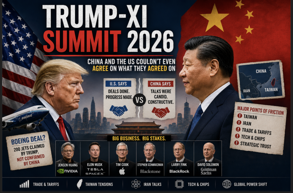 Trump-Xi Summit 2026 featured image showing Donald Trump and Xi Jinping facing off amid US-China tensions over trade, Taiwan, Iran, and Boeing deals.