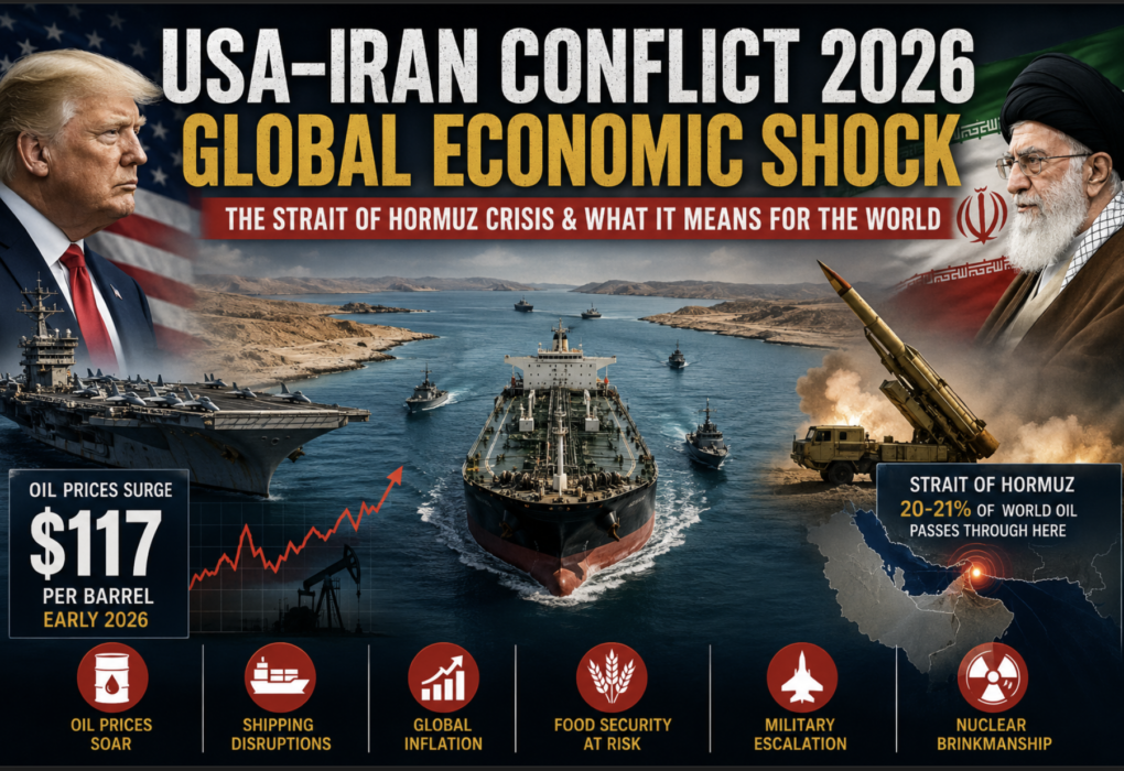 USA Iran conflict 2026 infographic showing Strait of Hormuz oil crisis, rising global tensions, naval deployment, oil tanker disruption, and economic shock impact on world markets.