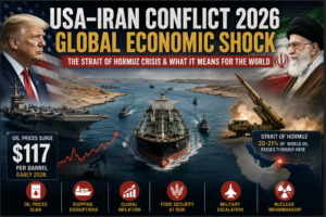 USA Iran conflict 2026 infographic showing Strait of Hormuz oil crisis, rising global tensions, naval deployment, oil tanker disruption, and economic shock impact on world markets.