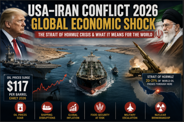 USA Iran conflict 2026 infographic showing Strait of Hormuz oil crisis, rising global tensions, naval deployment, oil tanker disruption, and economic shock impact on world markets.