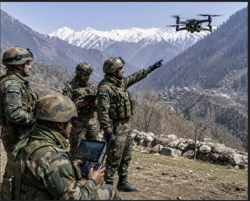 Indian Army soldiers training with reconnaissance drone equipment near the Line of Control, 2024–25.