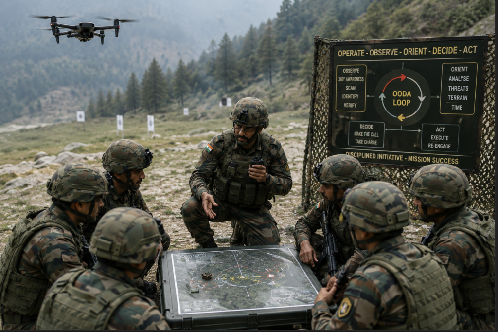 Indian Army JCO briefing section commanders during a counter-drone training exercise at a field training area.