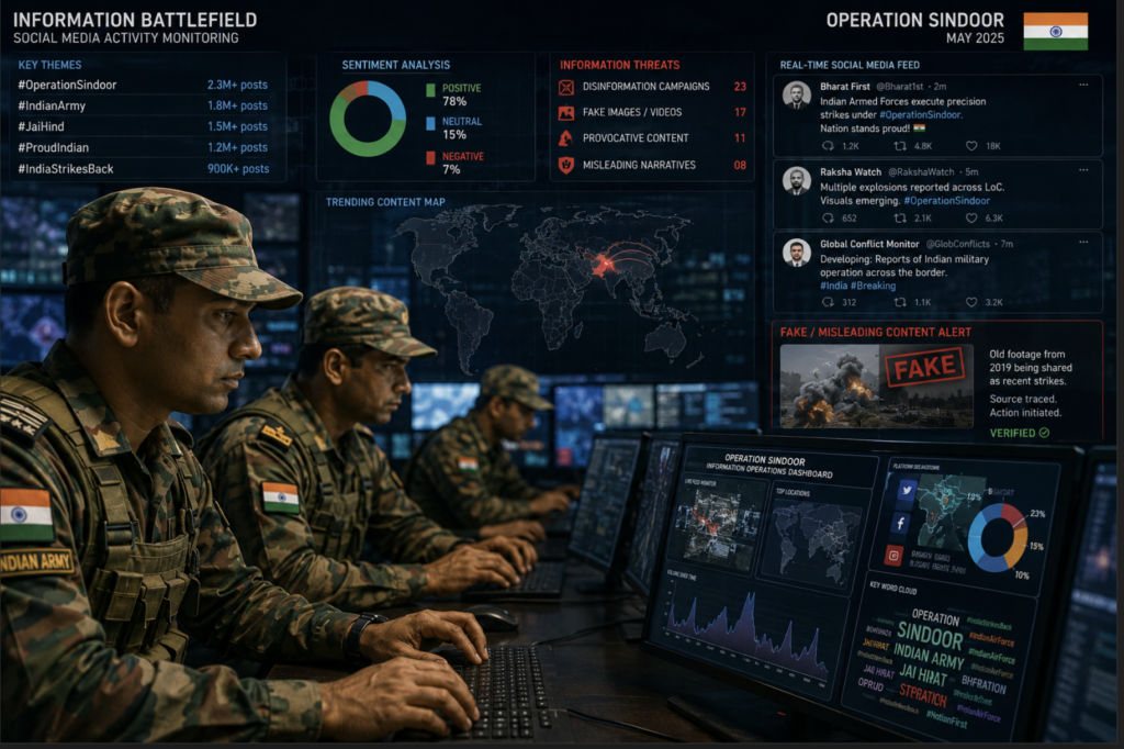 Split-screen showing Indian and Pakistani social media misinformation posts during Operation Sindoor alongside a soldier with a phone.