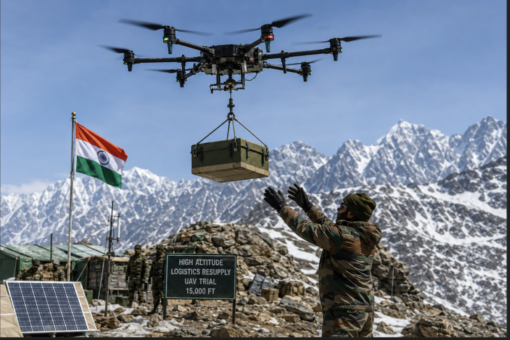DRDO logistics drone carrying a supply payload hovering above a high-altitude Indian Army forward post in the Himalayas.