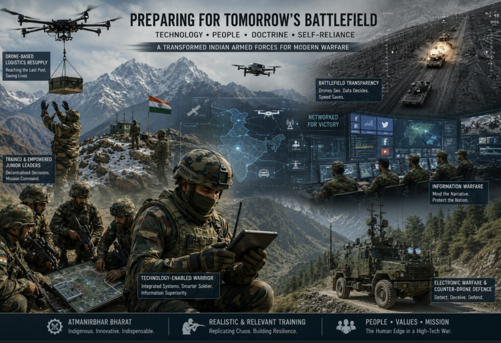 Future battlefield India military modernization with drones, AI warfare, electronic warfare, and high-altitude logistics operations