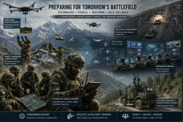 Future battlefield India military modernization with drones, AI warfare, electronic warfare, and high-altitude logistics operations