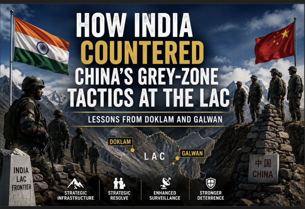 Indian and Chinese soldiers facing each other along the Line of Actual Control (LAC) in the Himalayas, illustrating India's response to Chinese grey-zone tactics during the Doklam and Galwan border standoffs.