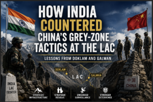 Indian and Chinese soldiers facing each other along the Line of Actual Control (LAC) in the Himalayas, illustrating India's response to Chinese grey-zone tactics during the Doklam and Galwan border standoffs.