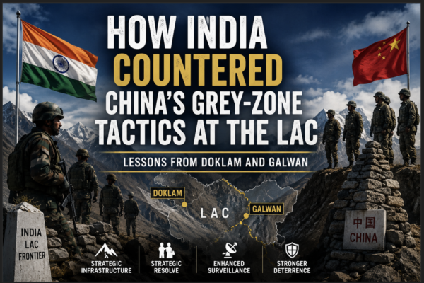 Indian and Chinese soldiers facing each other along the Line of Actual Control (LAC) in the Himalayas, illustrating India's response to Chinese grey-zone tactics during the Doklam and Galwan border standoffs.
