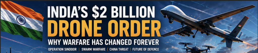 India Drone Order $2 Billion infographic showing drone warfare and India's defence modernisation