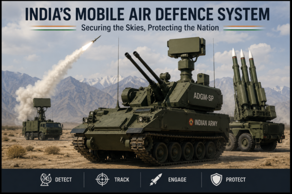 India Mobile Air Defence System featuring an ADGM-SP air defence vehicle, radar and missile launchers during a military deployment