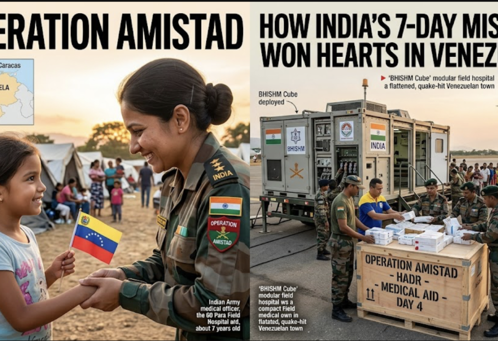 Operation Amistad featured image showing Indian Army medical personnel, BHISHM Cube field hospital, and humanitarian assistance mission in earthquake-hit Venezuela.