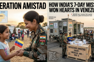 Operation Amistad featured image showing Indian Army medical personnel, BHISHM Cube field hospital, and humanitarian assistance mission in earthquake-hit Venezuela.