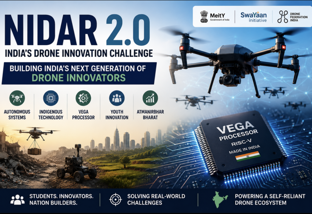 NIDAR 2.0 infographic highlighting India's drone innovation challenge, VEGA processor, autonomous drone systems and indigenous drone technology.
