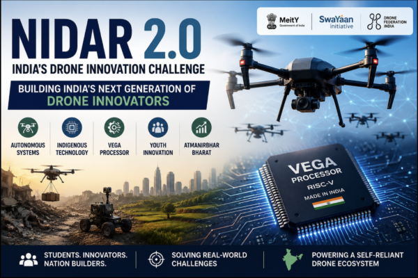 NIDAR 2.0 infographic highlighting India's drone innovation challenge, VEGA processor, autonomous drone systems and indigenous drone technology.