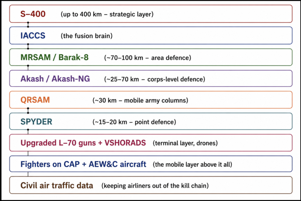 Layered Indian air defence network showing the S-400 at the strategic layer, integrated with IACCS, MRSAM/Barak-8, Akash/Akash-NG, QRSAM, SPYDER, upgraded L-70 guns with VSHORADS, fighter aircraft with AEW&C, and civil air traffic data for integrated air defence.