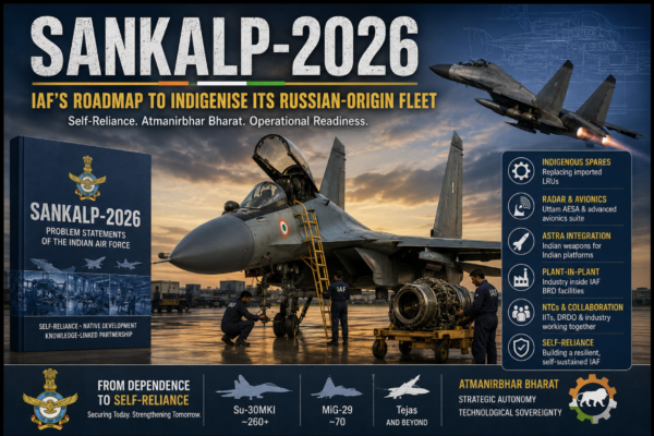 Sankalp-2026 infographic showing the Indian Air Force's plan to indigenise Russian-origin fighter aircraft, including Su-30MKI, MiG-29 and Tejas under the Atmanirbhar Bharat initiative.