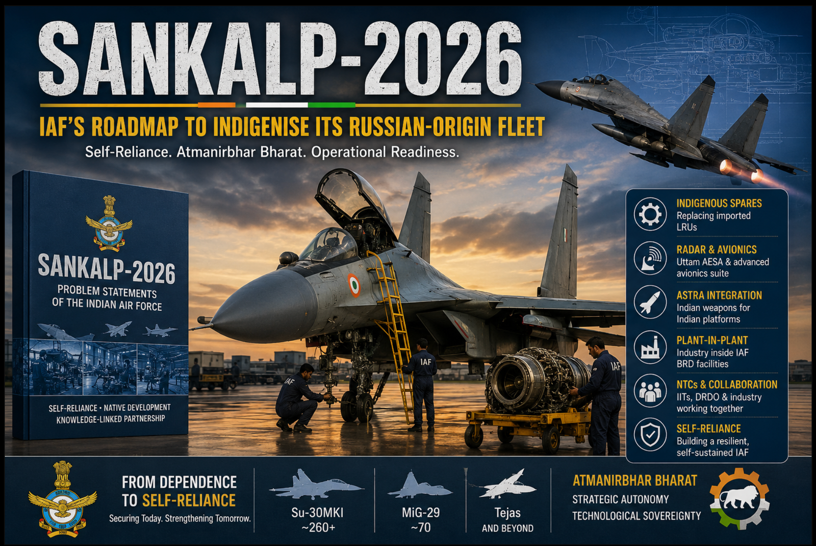 Sankalp-2026 infographic showing the Indian Air Force's plan to indigenise Russian-origin fighter aircraft, including Su-30MKI, MiG-29 and Tejas under the Atmanirbhar Bharat initiative.