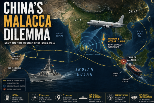 Map showing China's Malacca Dilemma with India's maritime strategy in the Indian Ocean, highlighting the Strait of Malacca, Andaman and Nicobar Islands, major shipping routes and key maritime chokepoints.