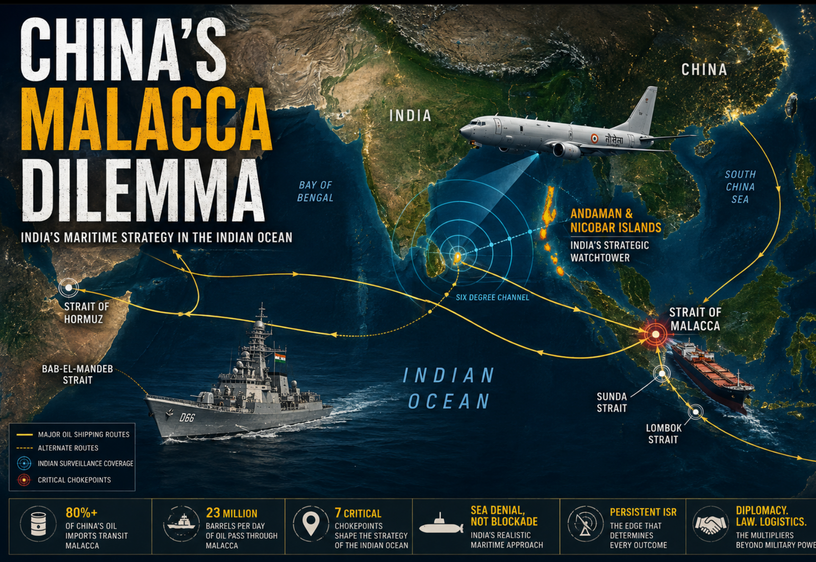 Map showing China's Malacca Dilemma with India's maritime strategy in the Indian Ocean, highlighting the Strait of Malacca, Andaman and Nicobar Islands, major shipping routes and key maritime chokepoints.