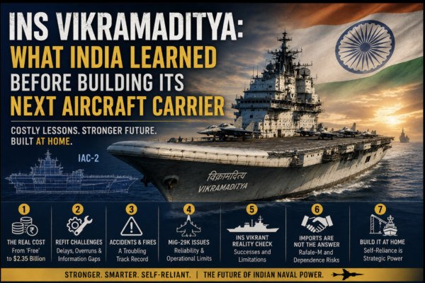 INS Vikramaditya aircraft carrier sailing at sea representing lessons for India's future aircraft carrier programme