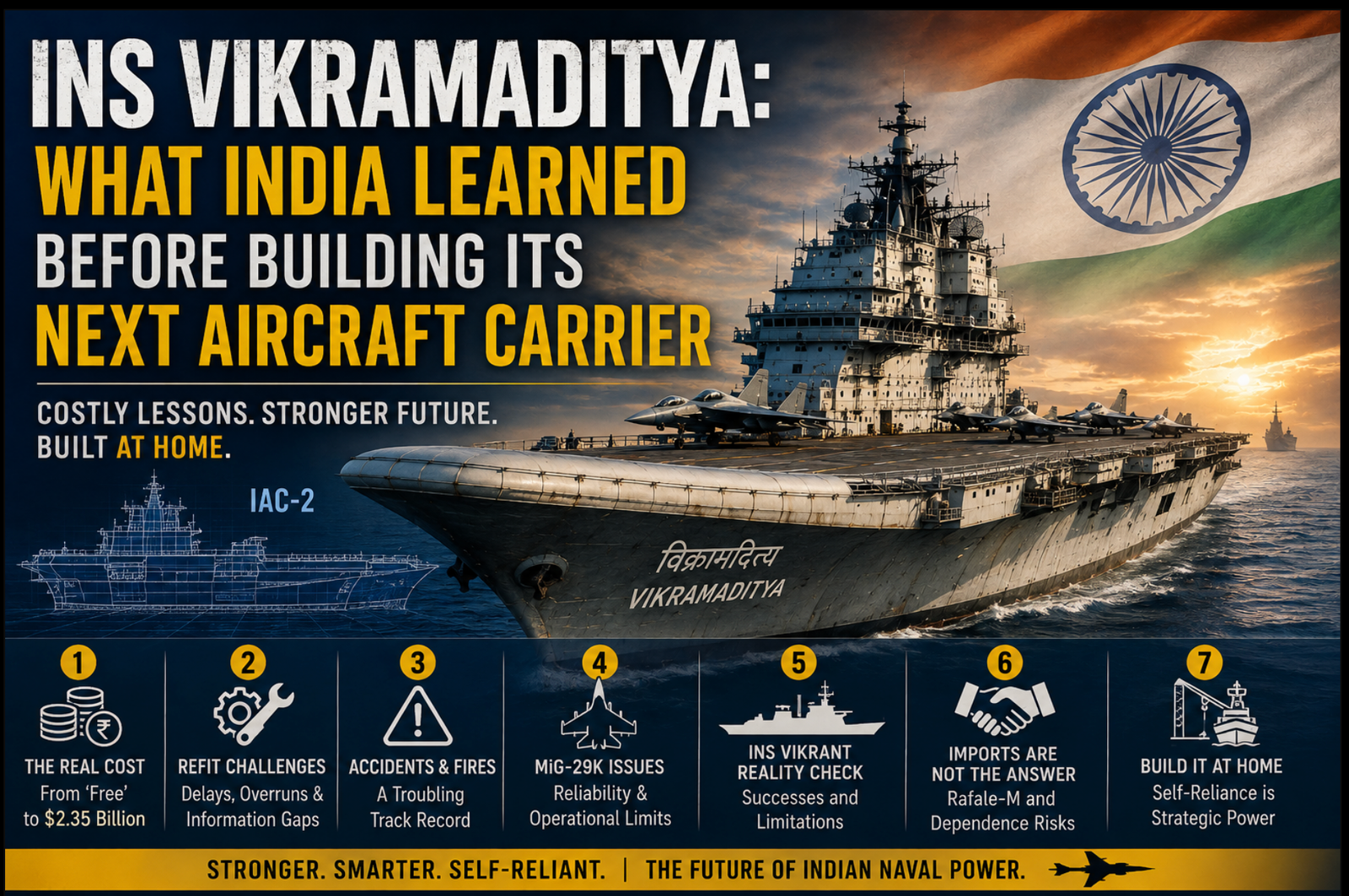 INS Vikramaditya aircraft carrier sailing at sea representing lessons for India's future aircraft carrier programme