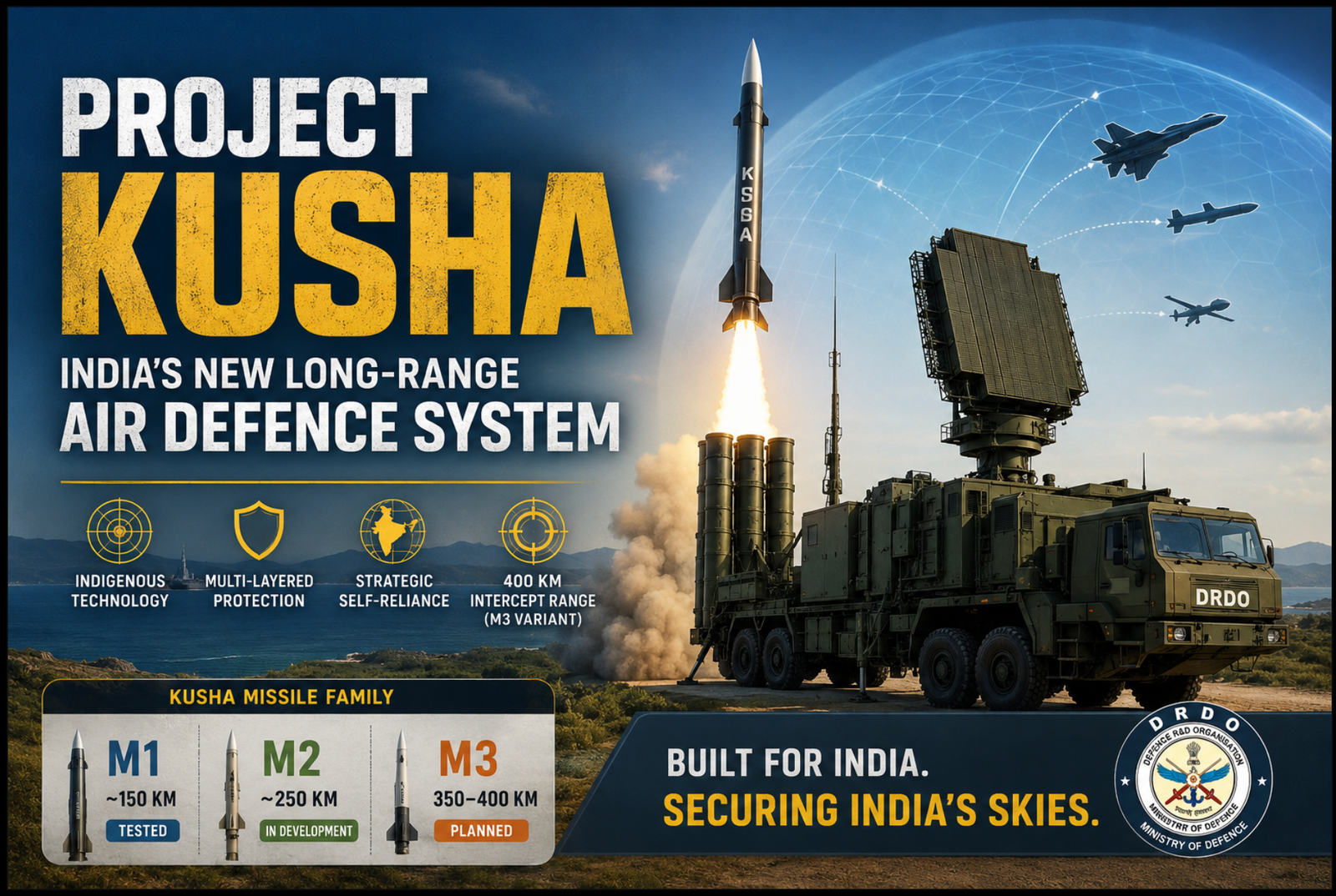 Project Kusha long-range air defence system with missile launcher and radar representing India’s indigenous air defence capability