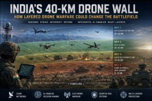 India's 40-km drone wall showing layered drone warfare, ISR, deep strike, logistics interdiction and counter-UAS systems