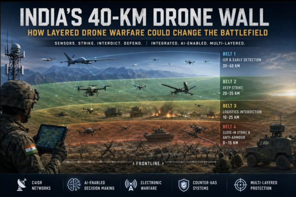 India's 40-km drone wall showing layered drone warfare, ISR, deep strike, logistics interdiction and counter-UAS systems