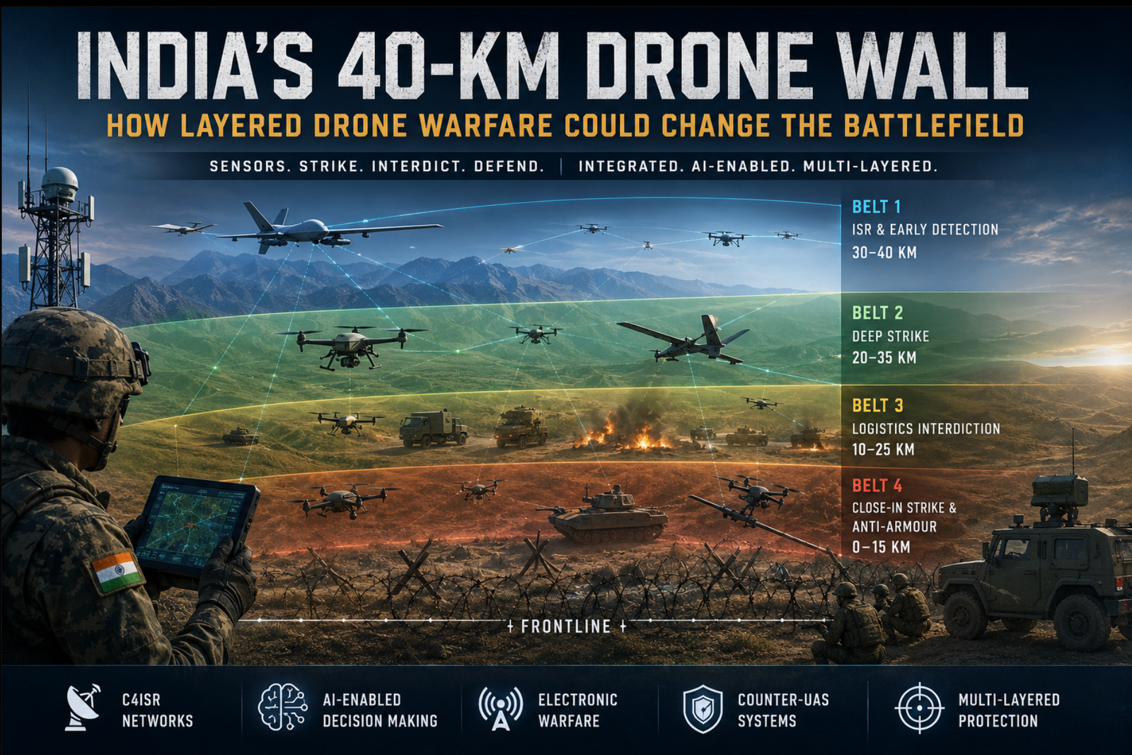 India's 40-km drone wall showing layered drone warfare, ISR, deep strike, logistics interdiction and counter-UAS systems