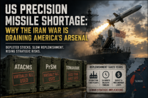 US precision missile shortage during Iran war, showing Tomahawk missile and depleted ATACMS and PrSM stocks
