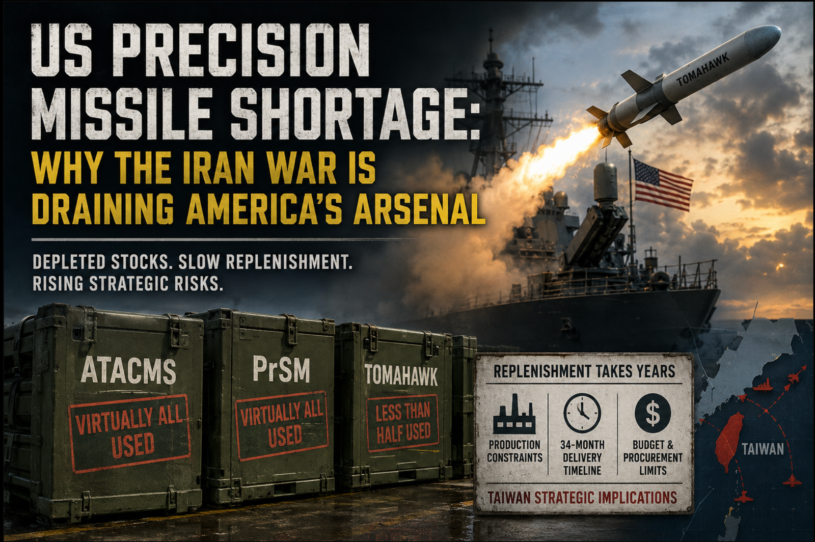 US precision missile shortage during Iran war, showing Tomahawk missile and depleted ATACMS and PrSM stocks