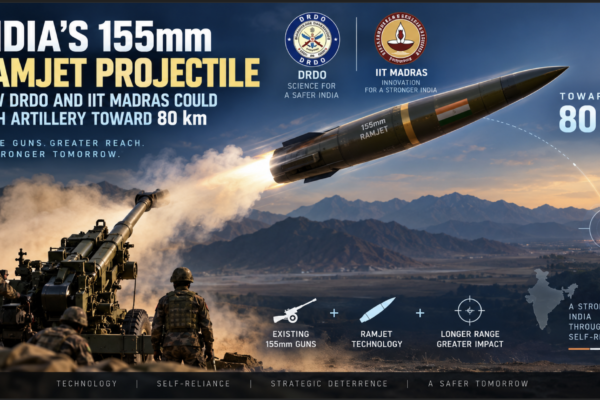 India’s 155mm Ramjet Projectile developed by DRDO and IIT Madras, showing an artillery shell in flight with an Indian Army gun in the background, symbolising extended range and advanced artillery technology.