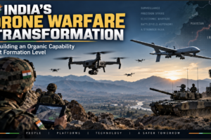 India drone warfare transformation featuring military drones, soldiers, surveillance systems and an armoured vehicle.