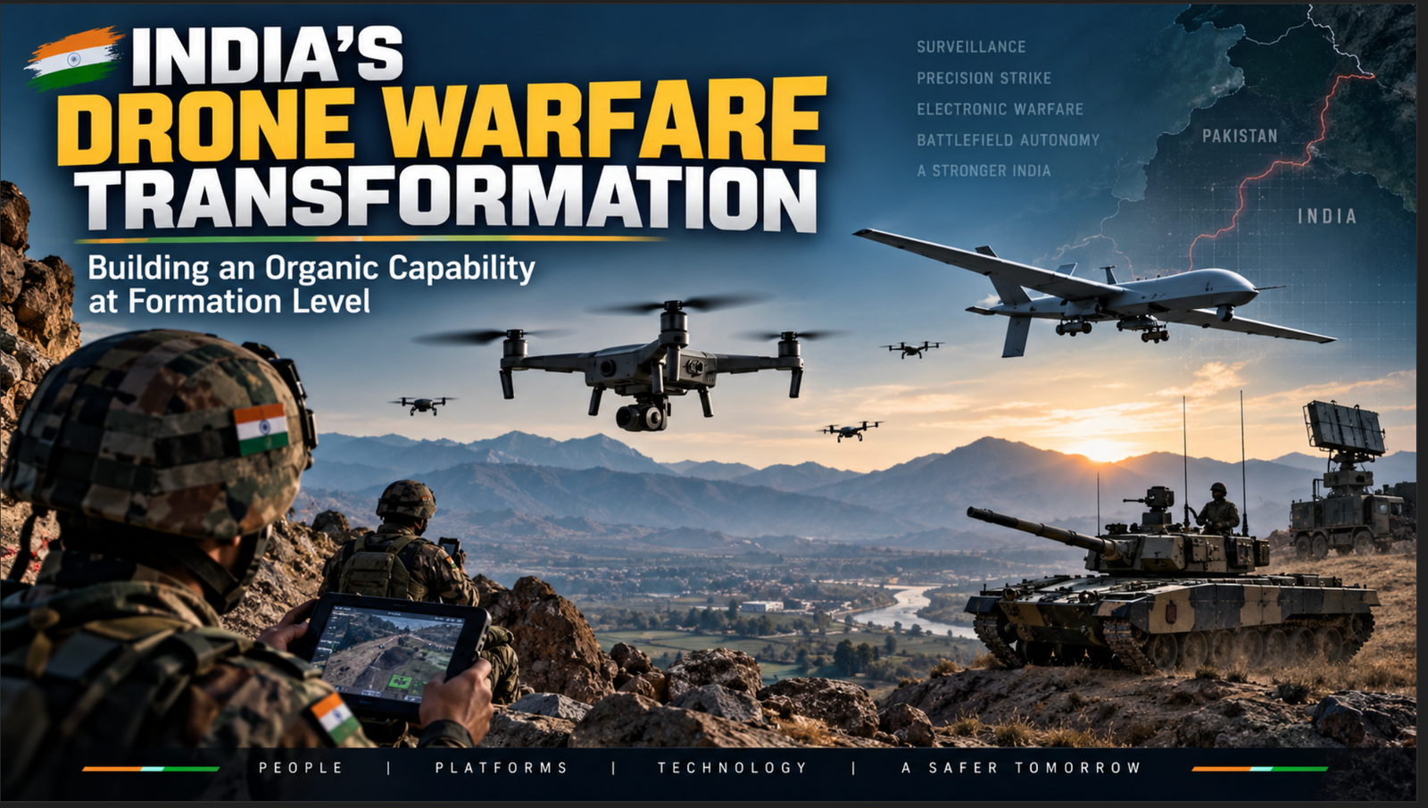 India drone warfare transformation featuring military drones, soldiers, surveillance systems and an armoured vehicle.