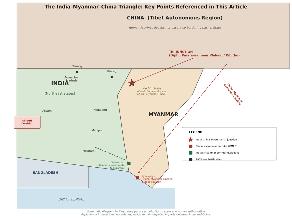 “Schematic map of the India-Myanmar-China tri-junction near Diphu Pass, showing the CMEC and Kaladan corridors.”