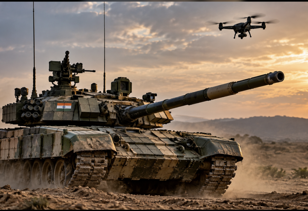 Indian Army anti-drone tanks illustrated by a main battle tank with a drone overhead.