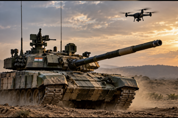 Indian Army anti-drone tanks illustrated by a main battle tank with a drone overhead.