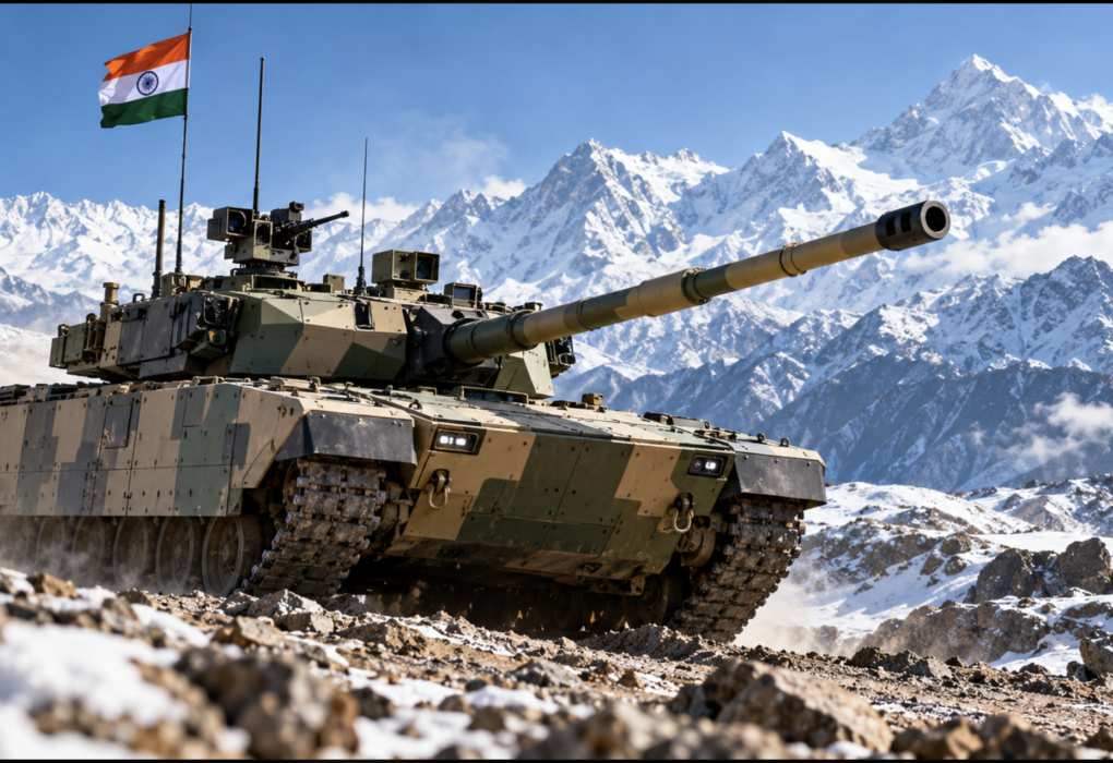 Indian Zorawar light tank in rugged Himalayan terrain, illustrating the balance between armour protection, weight and high-altitude mobility.